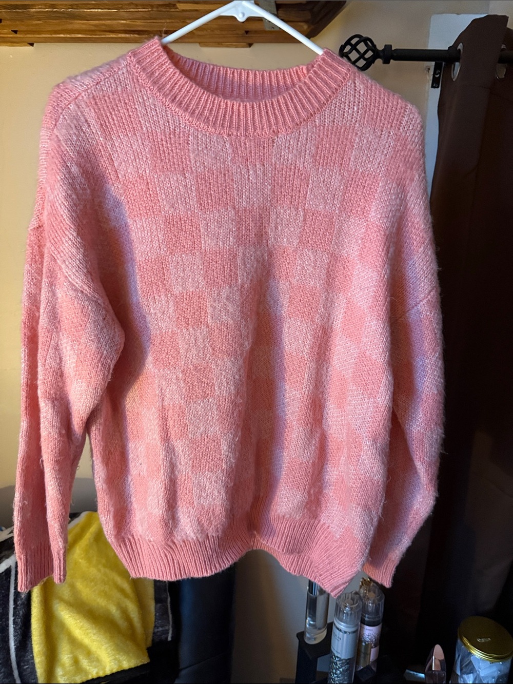 Women’s Pink Checker Knit Crewneck Sweater by Pink Lily